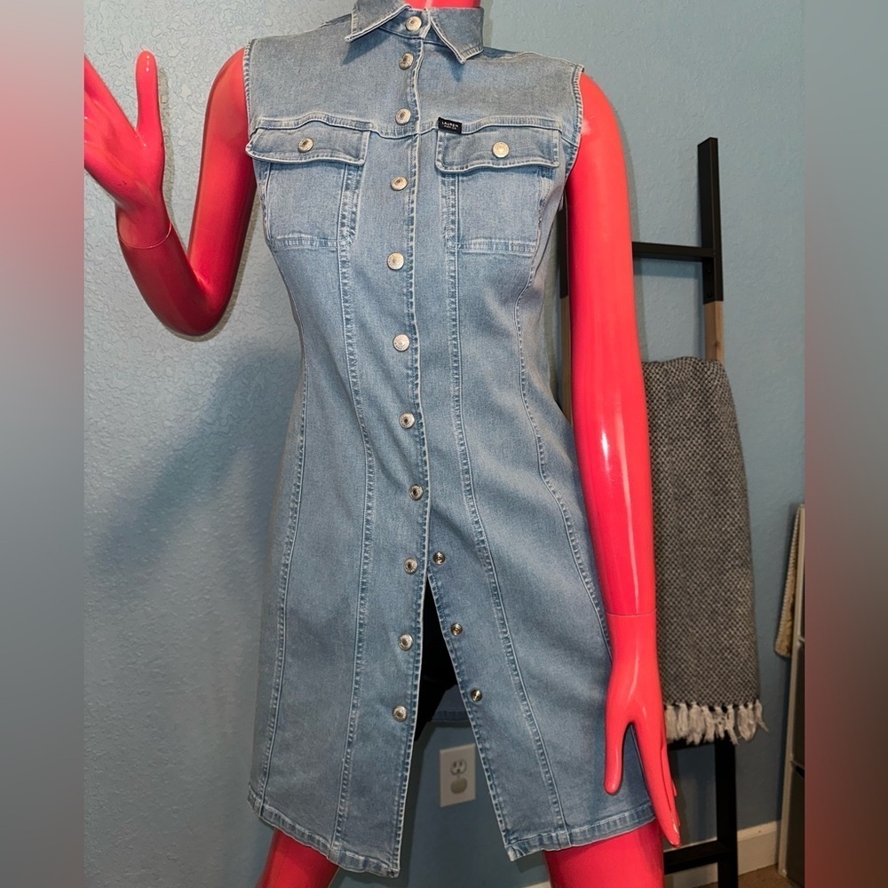 LAUREN JEANS CO. Ralph Lauren Petite 4P Light Blue Denim Snap Dress